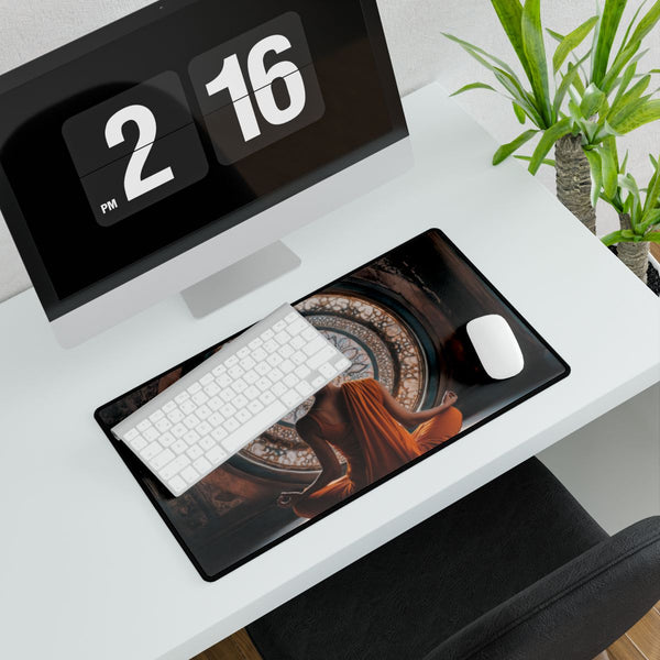 Woman Meditating Inside a Mandala (Edition III) — XXL Gaming Desk Mat — Gaming & Workspace Desk Setup View