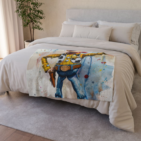 Woody Toy Story (Edition II) — Plush Fleece Throw Blanket — Drape over Sofa & Bed Lifestyle View