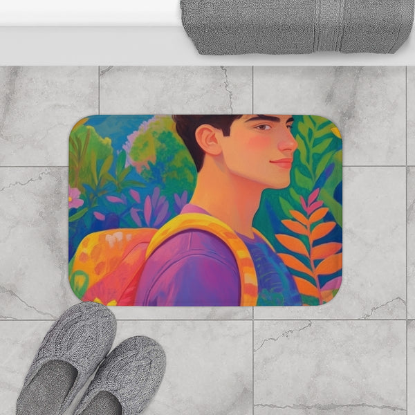 Young Man Walking Through a Forest Colorful Backpack — 61×43 Memory Foam Bath Mat — Modern Bathroom Floor Lifestyle View