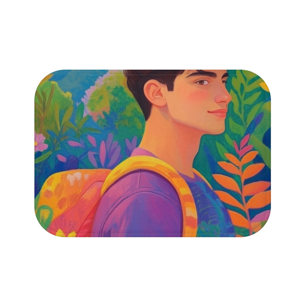 Young Man Walking Through a Forest Colorful Backpack — 61×43 Memory Foam Bath Mat — Top-Down Velvet Microfibre Artwork View