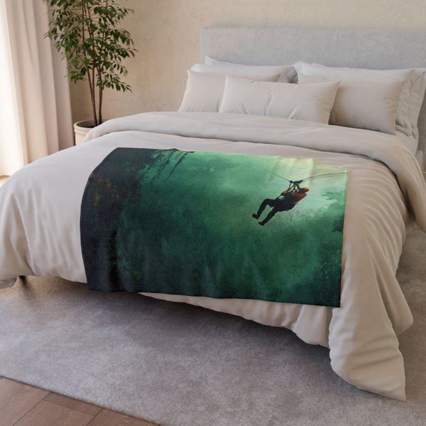 Ziplining Jungle Painting (Edition II) — 50×60 Plush Throw Blanket — Draped Over Sofa & Bed Lifestyle View