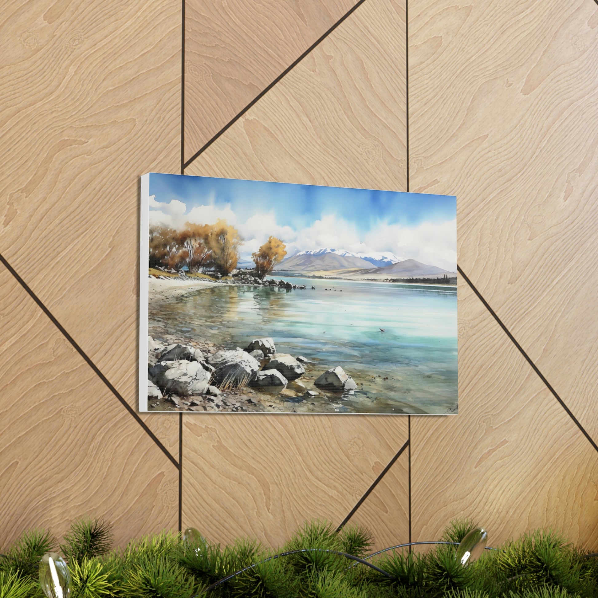 Tan Tekapo Serenity: Majestic Mountains and Tranquil Lakefront - Canvas Print