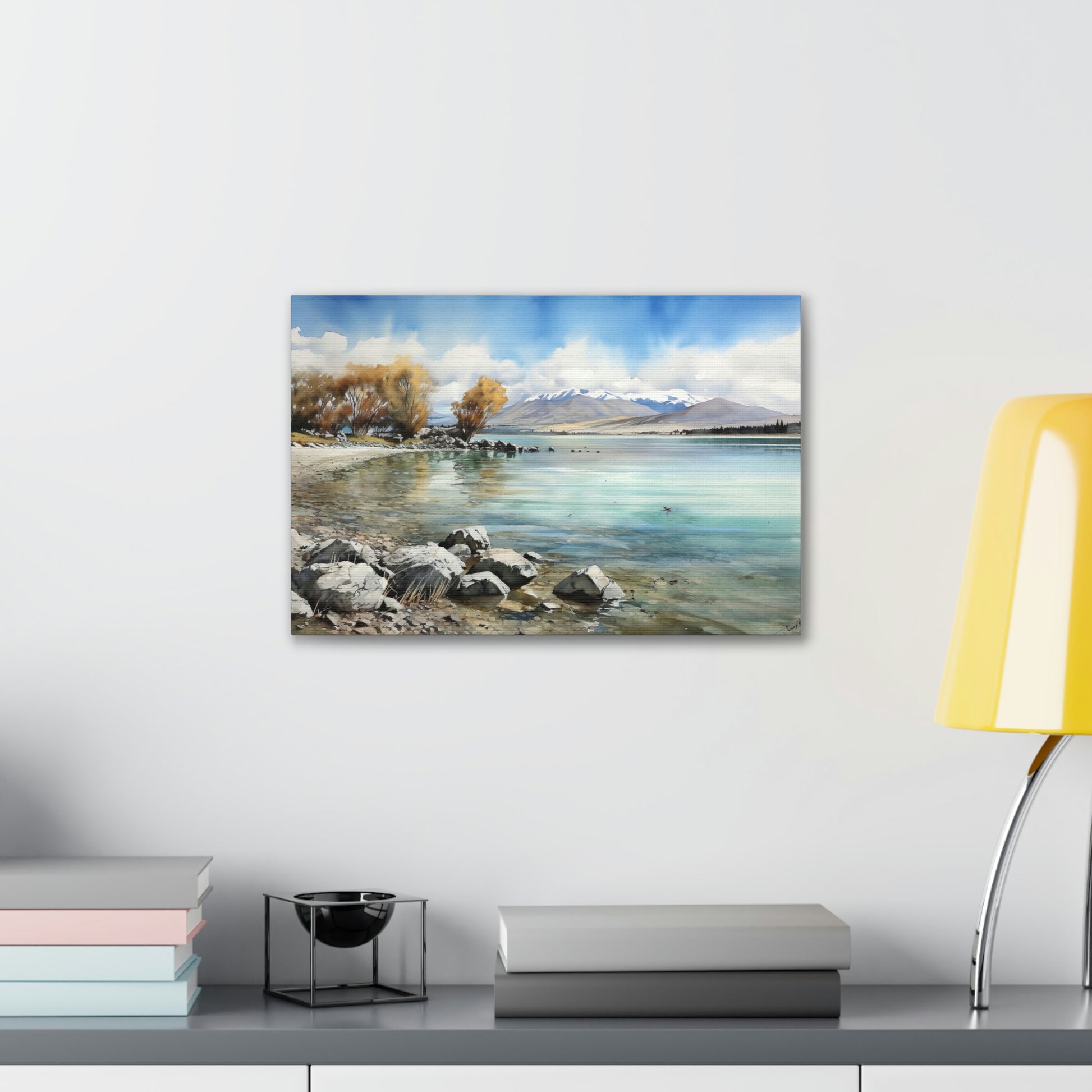 Light Gray Tekapo Serenity: Majestic Mountains and Tranquil Lakefront - Canvas Print