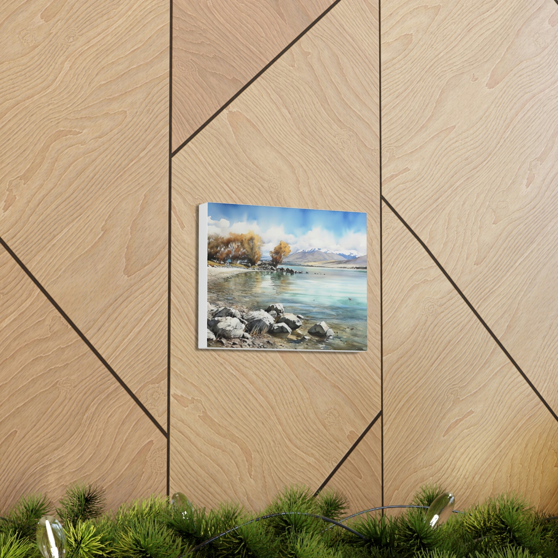 Tan Tekapo Serenity: Majestic Mountains and Tranquil Lakefront - Canvas Print