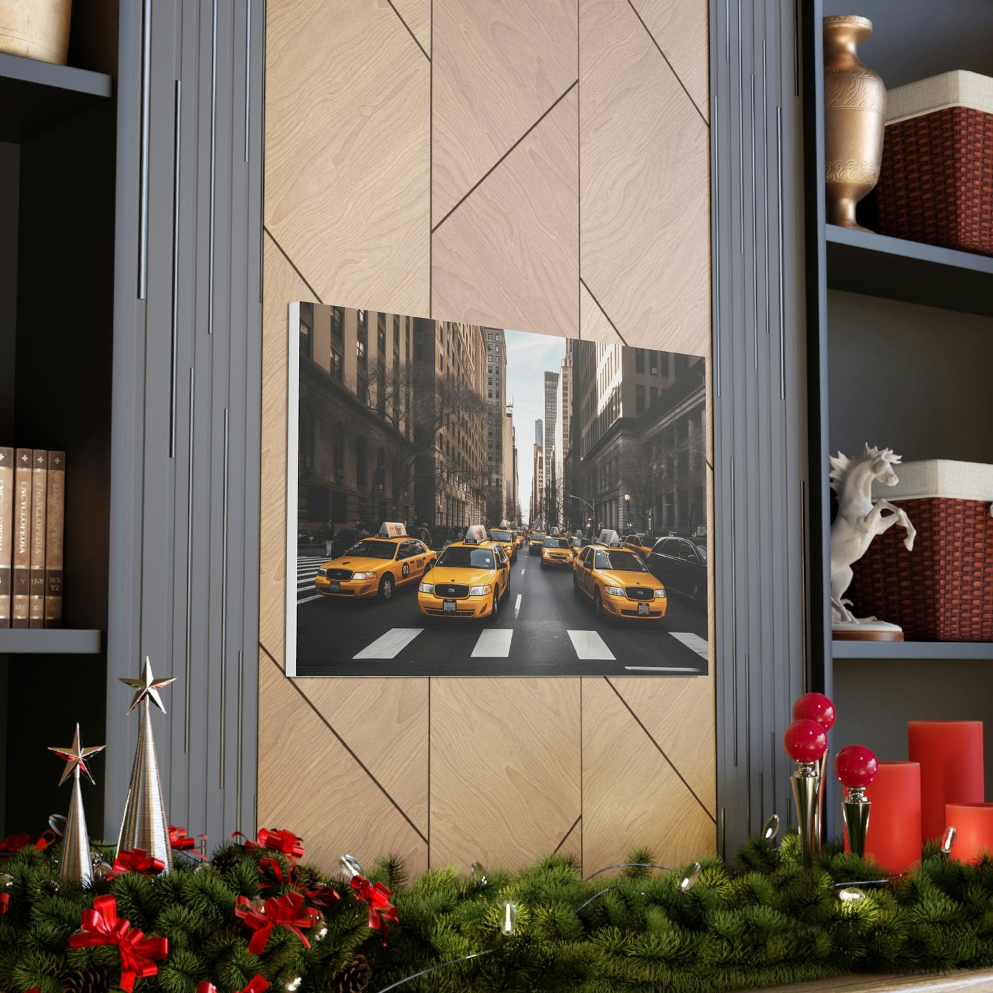 Dark Slate Gray Yellow Symphony: Vibrant New York Cityscapes and Iconic Cabs - Canvas Print