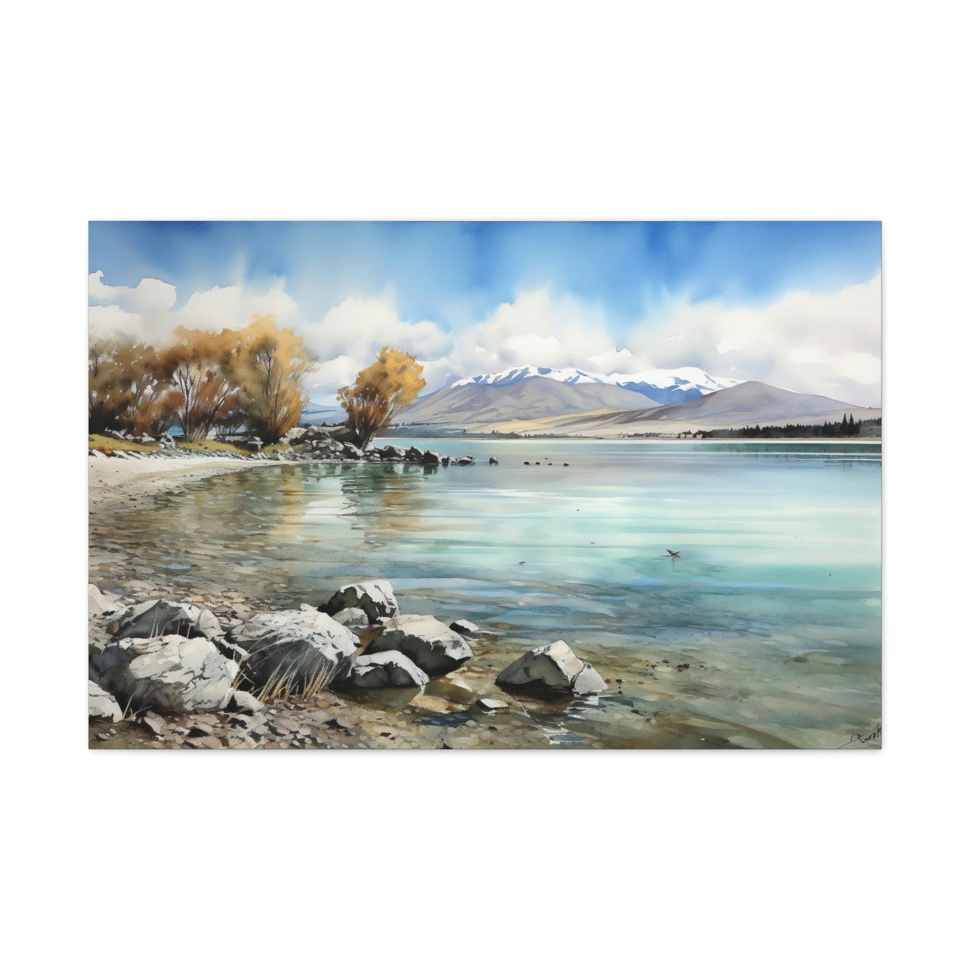 Dark Gray Tekapo Serenity: Majestic Mountains and Tranquil Lakefront - Canvas Print