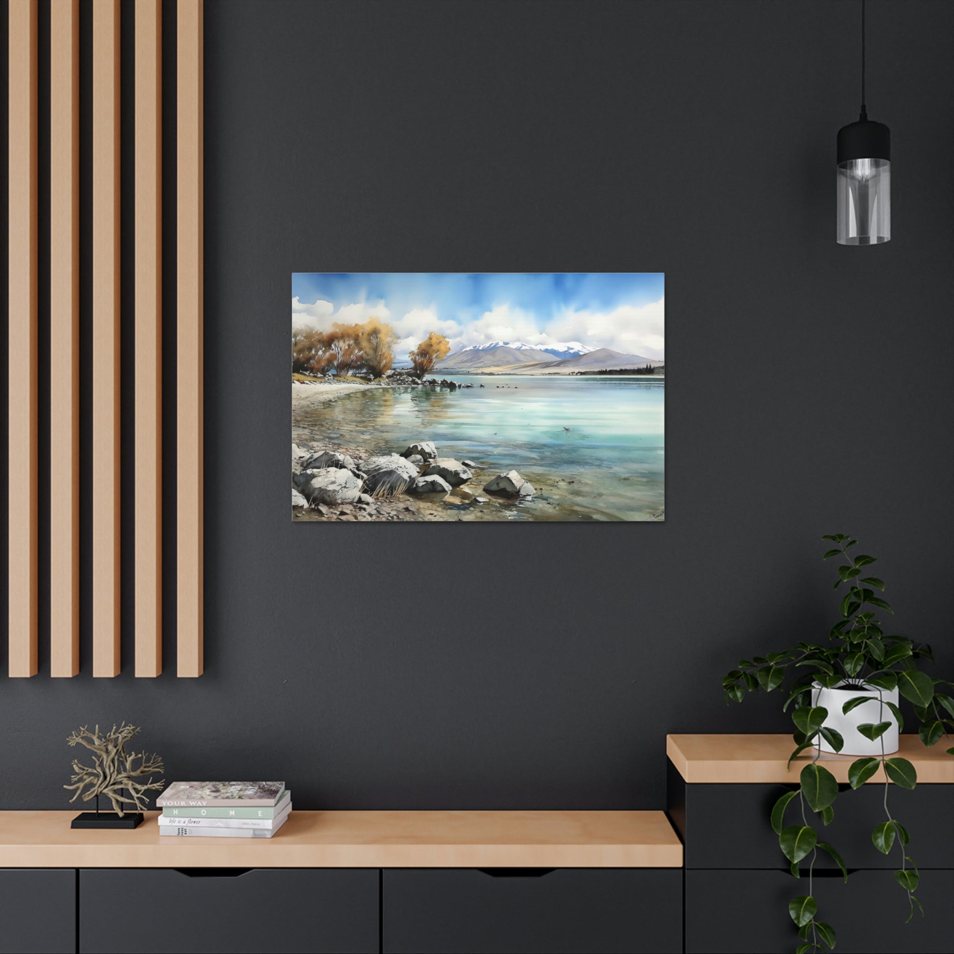 Dark Slate Gray Tekapo Serenity: Majestic Mountains and Tranquil Lakefront - Canvas Print