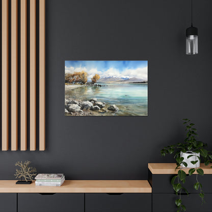 Dark Slate Gray Tekapo Serenity: Majestic Mountains and Tranquil Lakefront - Canvas Print