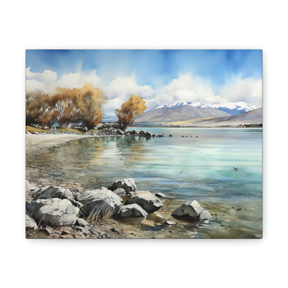 Gray Tekapo Serenity: Majestic Mountains and Tranquil Lakefront - Canvas Print