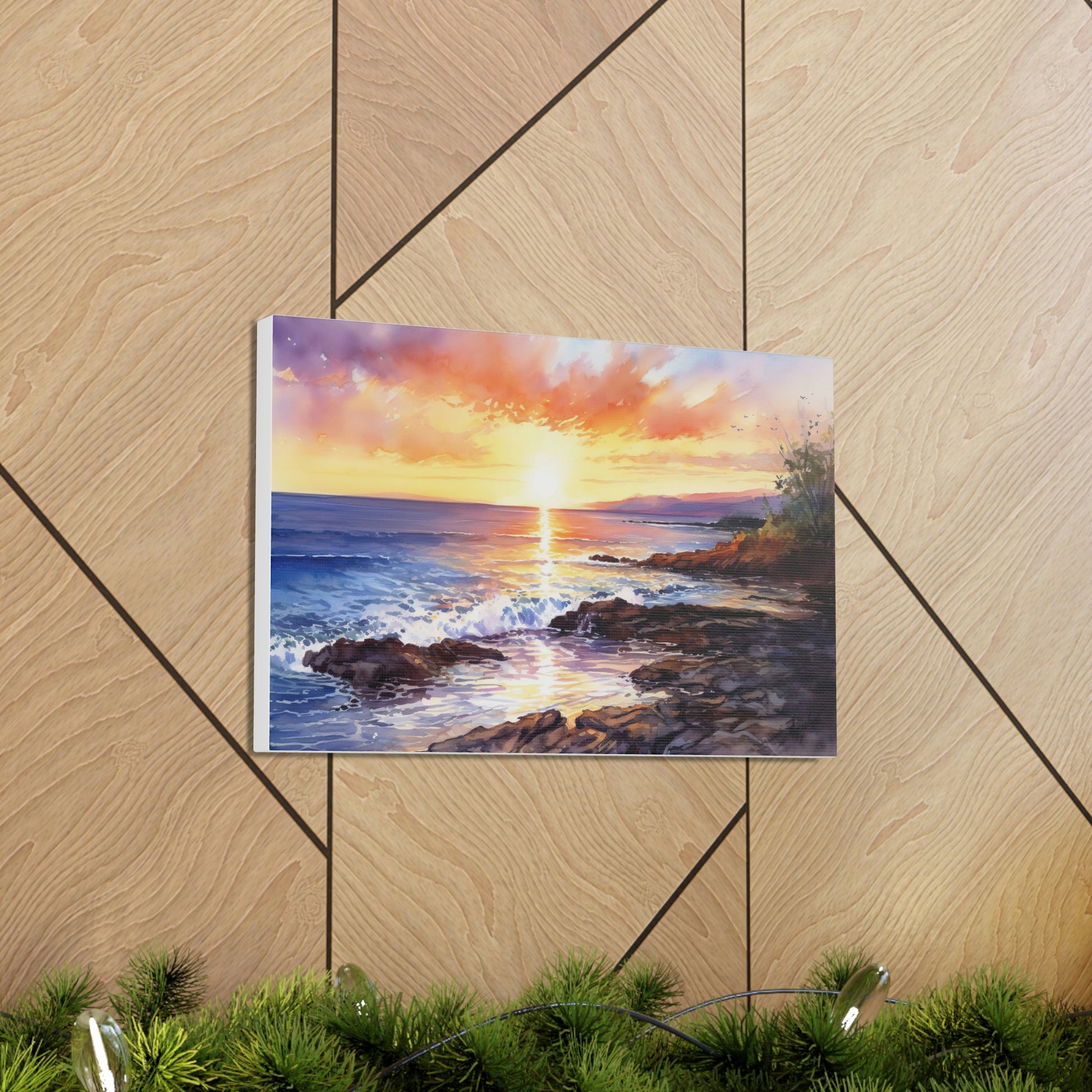 Tan Tropical Sunset Serenity: Golden Sands and Vibrant Skies - Canvas Print