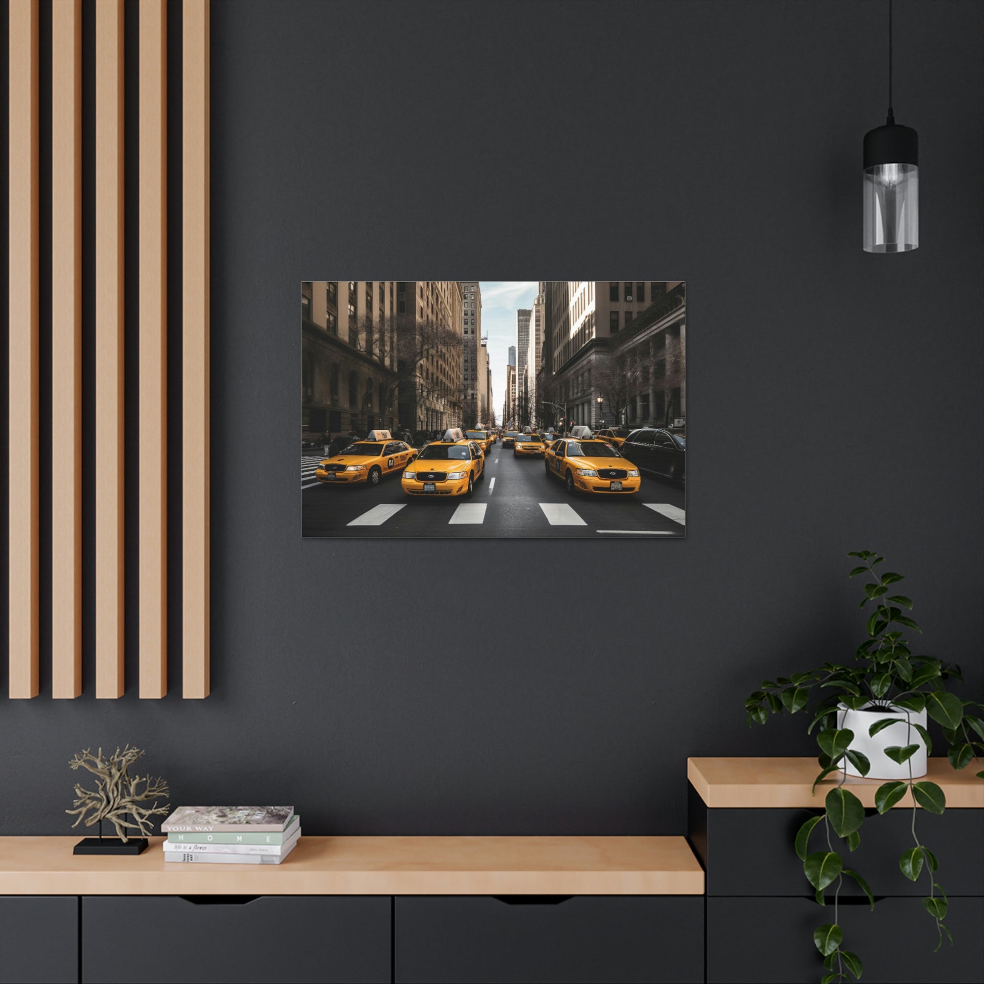 Dark Slate Gray Yellow Symphony: Vibrant New York Cityscapes and Iconic Cabs - Canvas Print