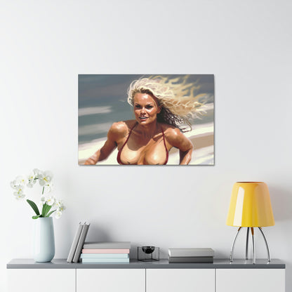 Canvas: Baywatch Swimsuit Sprinting in Slow Motion | Canvas | aesthetic, art, Art & Wall Decor, baywatch, beach themed decor, bronte beach, Canvas, feminism poster, feminist art, Hanging Hardware, Home & Living, Indoor, lifeguard gifts, lifeguard wall decor, pamela, pamela anderson, pamela card, wall art | Prints with Passion