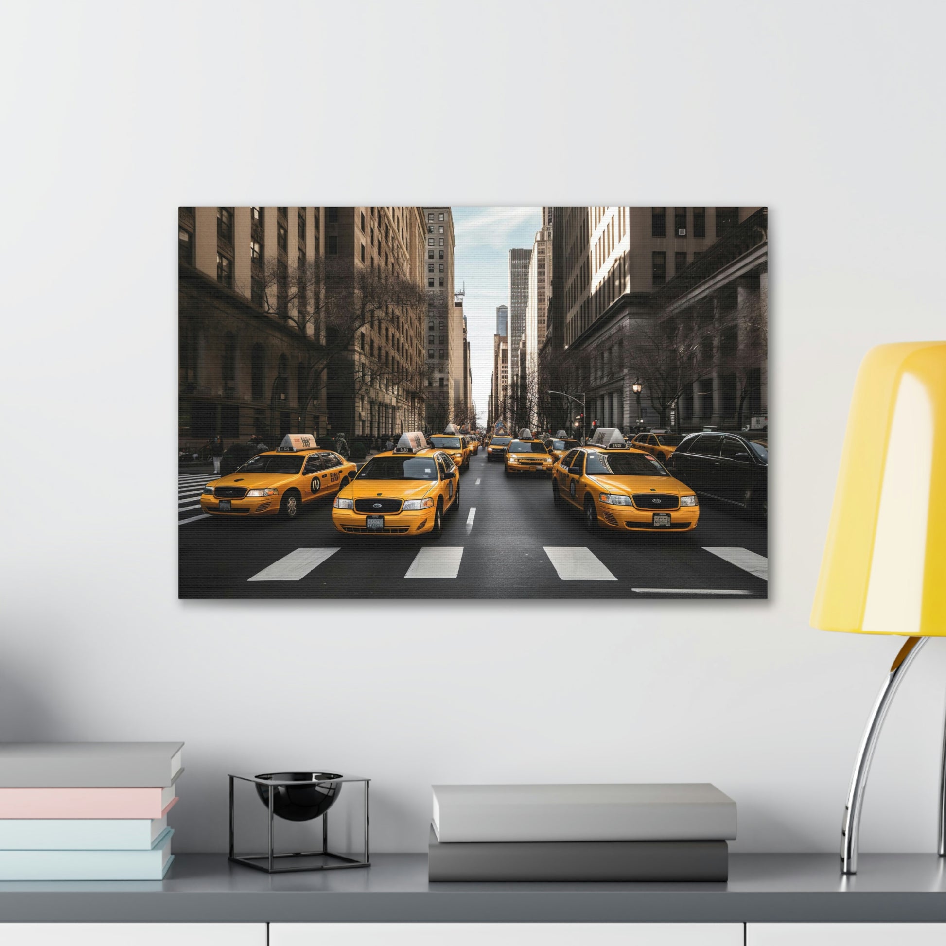 Dark Slate Gray Yellow Symphony: Vibrant New York Cityscapes and Iconic Cabs - Canvas Print