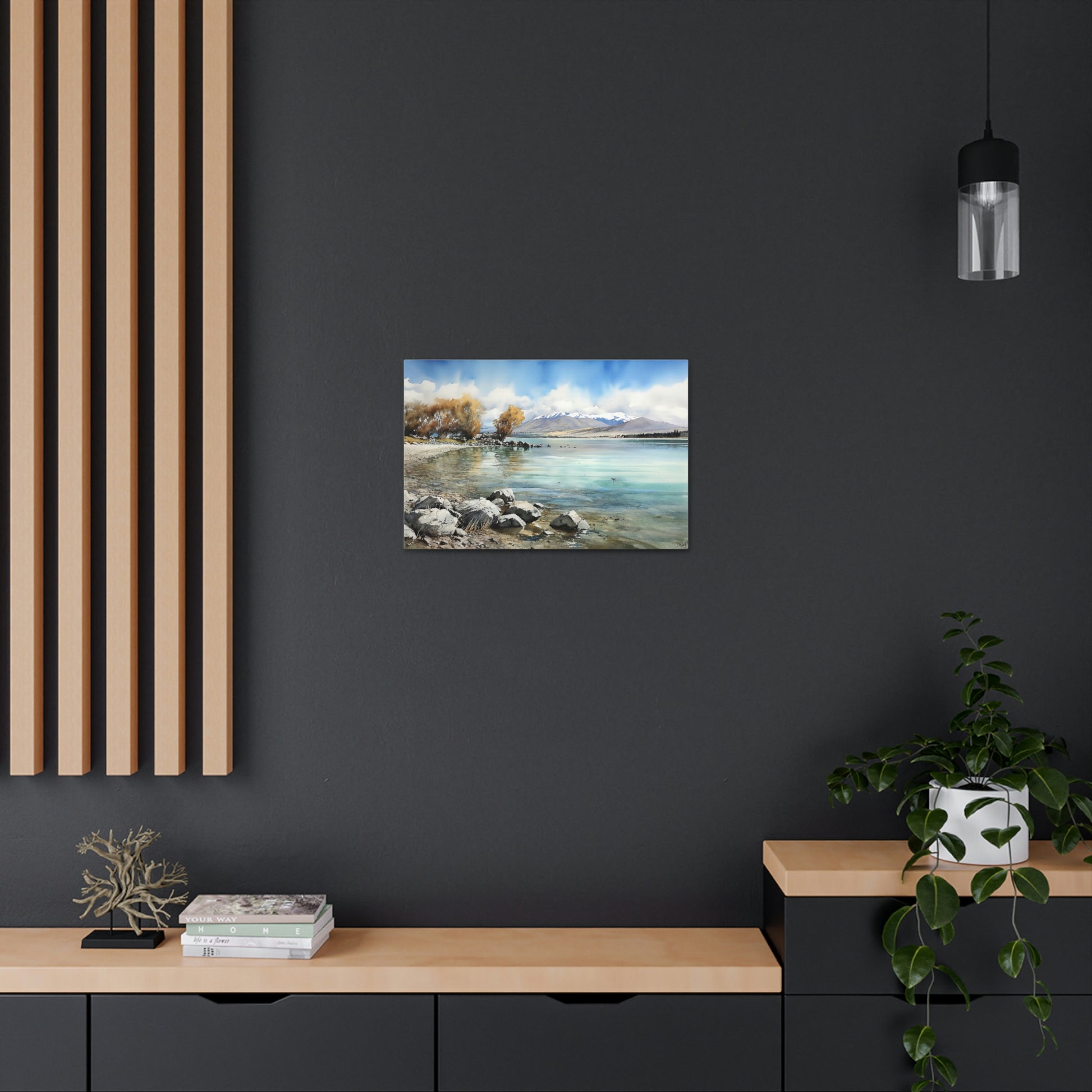 Dark Slate Gray Tekapo Serenity: Majestic Mountains and Tranquil Lakefront - Canvas Print