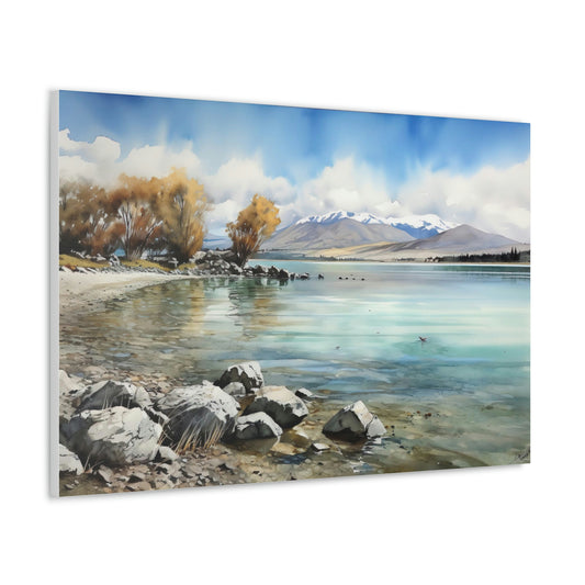 Dark Gray Tekapo Serenity: Majestic Mountains and Tranquil Lakefront - Canvas Print