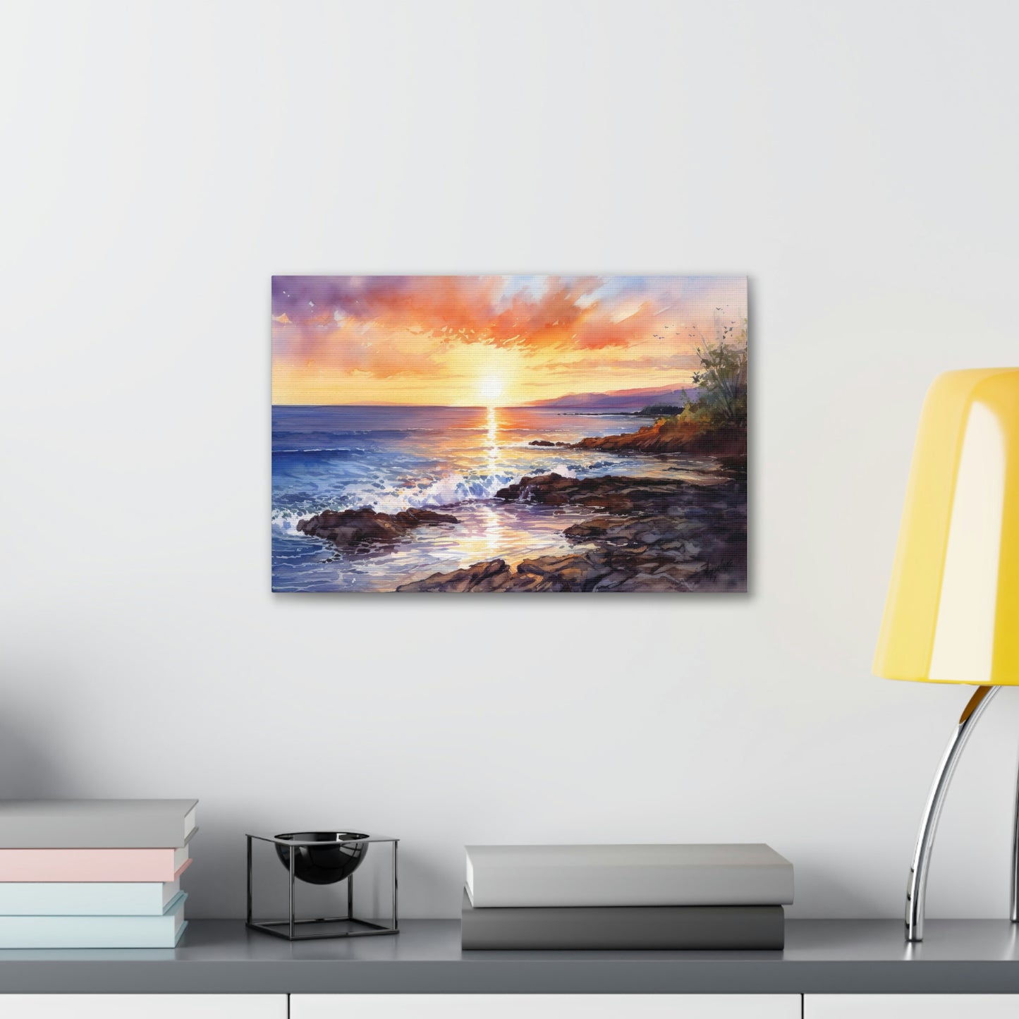 Light Gray Tropical Sunset Serenity: Golden Sands and Vibrant Skies - Canvas Print