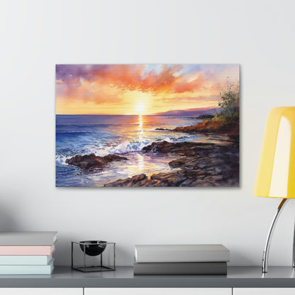 Light Gray Tropical Sunset Serenity: Golden Sands and Vibrant Skies - Canvas Print