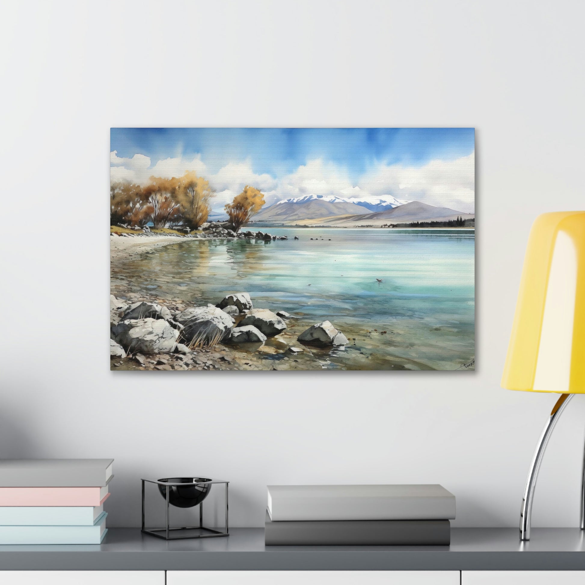 Light Gray Tekapo Serenity: Majestic Mountains and Tranquil Lakefront - Canvas Print