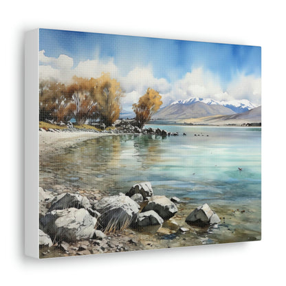 Gray Tekapo Serenity: Majestic Mountains and Tranquil Lakefront - Canvas Print