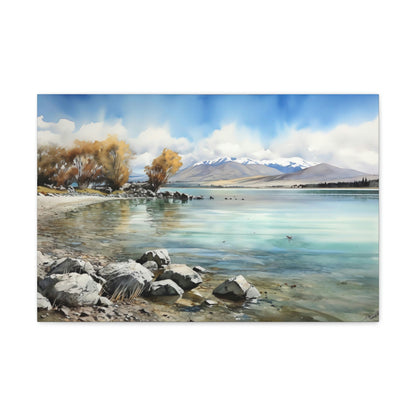 Dark Gray Tekapo Serenity: Majestic Mountains and Tranquil Lakefront - Canvas Print