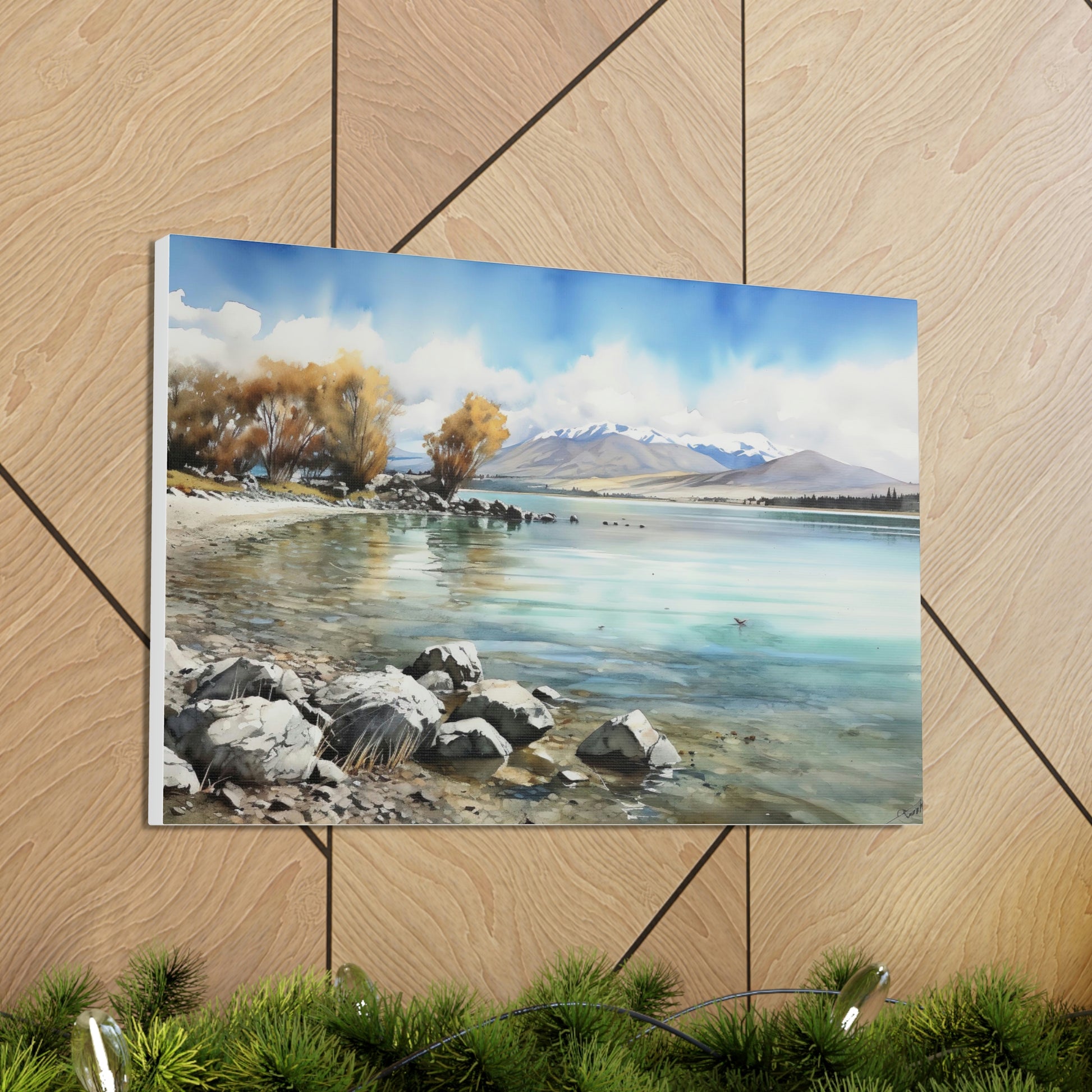 Rosy Brown Tekapo Serenity: Majestic Mountains and Tranquil Lakefront - Canvas Print